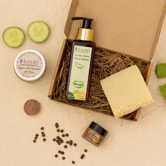 Momify Glow Harmony Pack – Aloe Vera Face Wash (100ml), Aloe cucumber gel (50ml), Goat Milk Soap (100g) & Chocolate Lip Balm (10g)