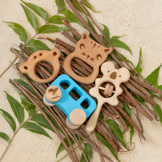 Momify “Journey of Joy Quad” – Neem Wood Baby Teether, Rattle & Push Toy Set