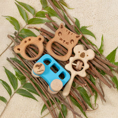Momify βJourney of Joy Quadβ β Neem Wood Baby Teether, Rattle & Push Toy Set