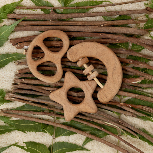 Celestial Bites Trio” – Neem Wood Baby Rattle & Teether Set (Half Moon Rattle + Pretzel Teether + Star Teether | Natural Wooden Baby Toys | Eco-Friendly Teething Combo)