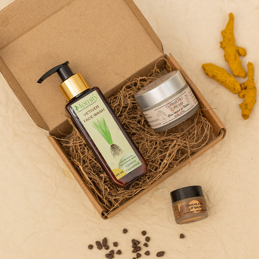 Momify EarthGlow Essentials – Vetiver Face Wash (100ml), Turmeric Moisturizing Cream (50ml) & Chocolate Lip Balm (10g)