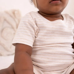 100% GOTS CERTIFIED ORGANIC COTTON Solid basic onesie for Infants - Off White brown Striped