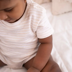 100% GOTS CERTIFIED ORGANIC COTTON Solid basic onesie for Infants - Off White brown Striped