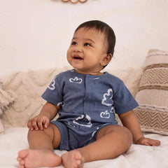 GOTS Certified Organic Cotton Short Leg Baby Romper – Ultra Soft, Breathable, Snap Closure | Newborn to Toddler | Momify Short leg Romper - Blue Cloud
