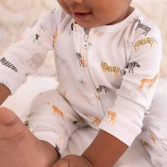OEKO-TEX® Certified Organic Cotton Unfooted Baby Romper – 2-Way Zipper, Ultra Soft & Breathable | Newborn to Toddler | Momify Unfooted Romper- White Animal