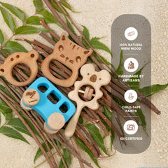 Momify “Journey of Joy Quad” – Neem Wood Baby Teether, Rattle & Push Toy Set
