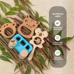 Momify βJourney of Joy Quadβ β Neem Wood Baby Teether, Rattle & Push Toy Set