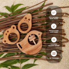 Tiny Treasures Trio Neem Wood Baby Teether & Rattle Combo