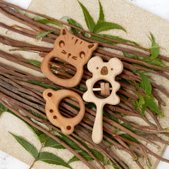 Momify “Wild Cuddles Trio” – Neem Wood Baby Teether & Rattle Set.