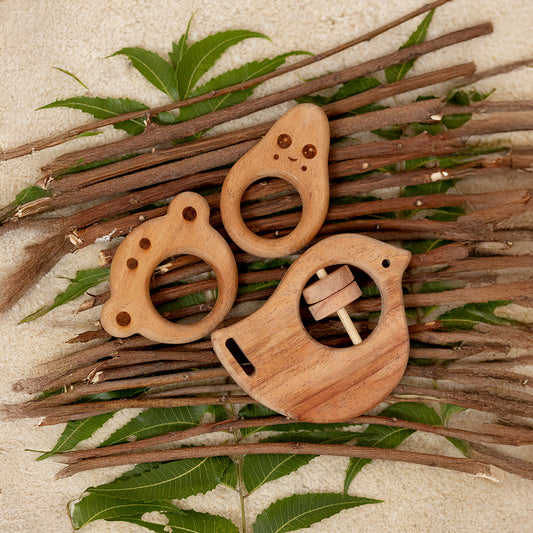 Tiny Treasures Trio Neem Wood Baby Teether & Rattle Combo
