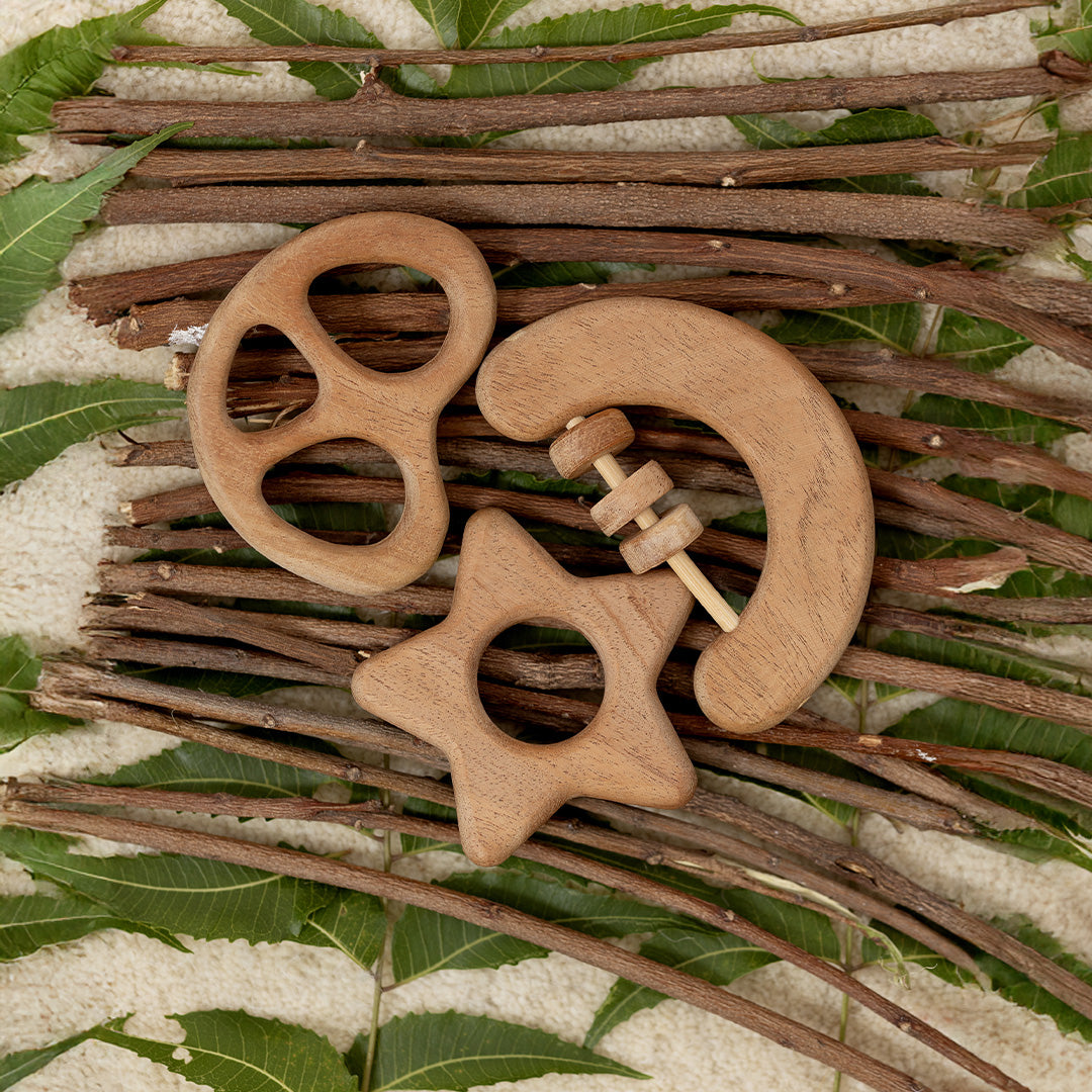 Celestial Bites Trio” – Neem Wood Baby Rattle & Teether Set (Half Moon Rattle + Pretzel Teether + Star Teether | Natural Wooden Baby Toys | Eco-Friendly Teething Combo)