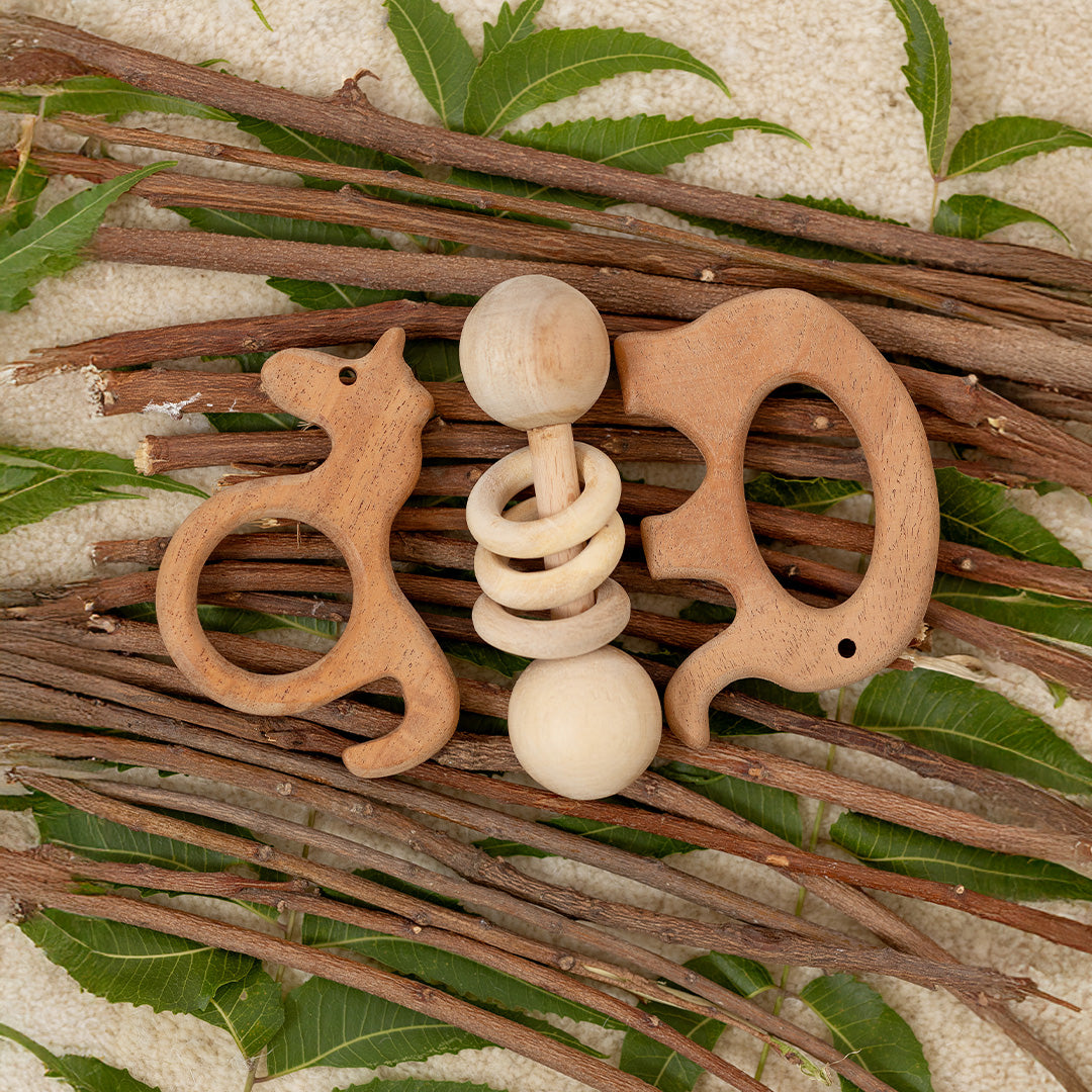 Momify “Enchanted Trio” – Neem Wood Baby Teether & Rattle Gift Set