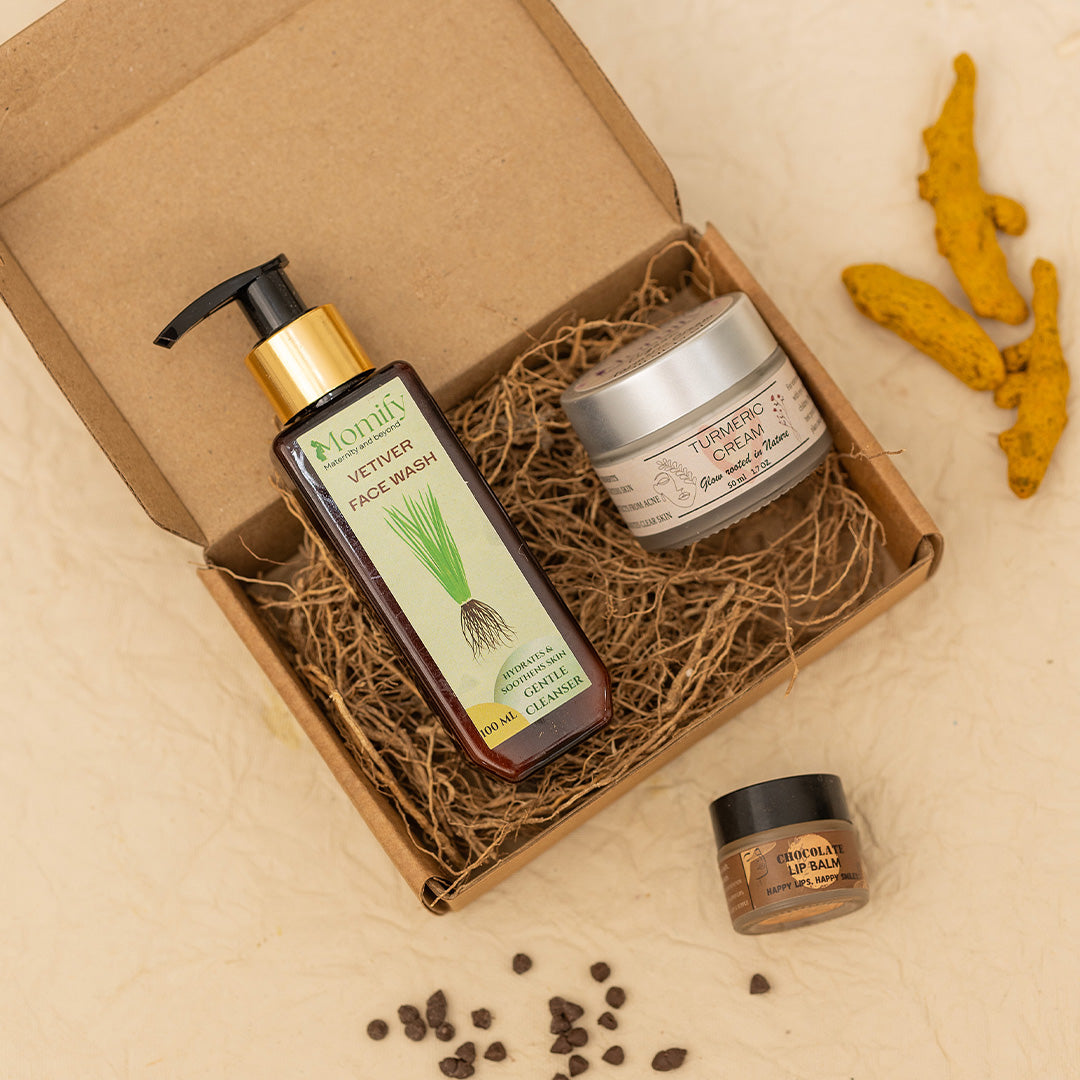 Momify EarthGlow Essentials – Vetiver Face Wash (100ml), Turmeric Moisturizing Cream (50ml) & Chocolate Lip Balm (10g)