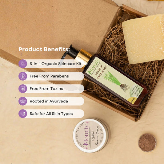 Momify Radiance Ritual – Vetiver Face Wash (100ml), Turmeric Oats Soap (100g) & Chocolate Lip Balm (10g)