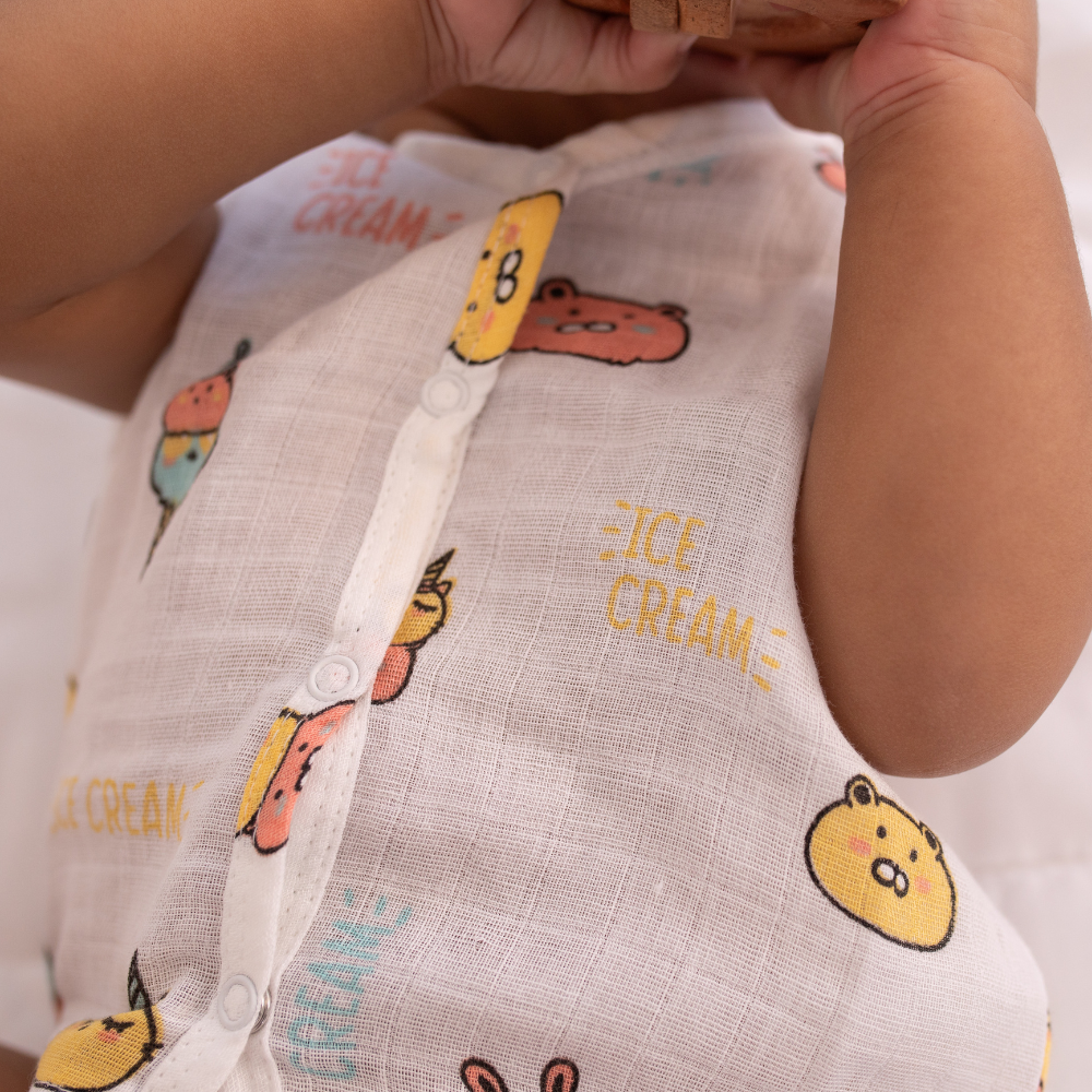 100% Muslin Sleeveless Jabla for Newborn - Icecream Print