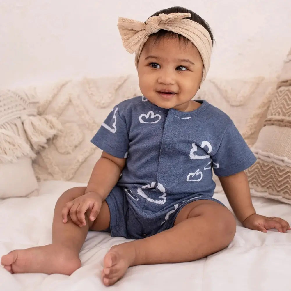 GOTS Certified Organic Cotton Short Leg Baby Romper – Ultra Soft, Breathable, Snap Closure | Newborn to Toddler | Momify Short leg Romper - Blue Cloud