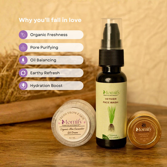 Momify Discovery Glow Kit – Aloe Vera Gel (10g), Vetiver Face Wash (30ml) & Lip Balm (5g)