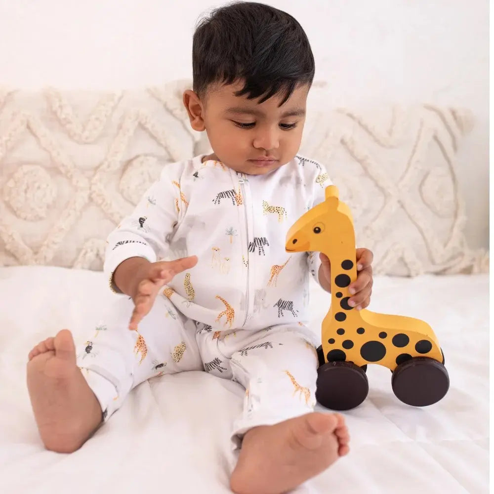 OEKO-TEX® Certified Organic Cotton Unfooted Baby Romper – 2-Way Zipper, Ultra Soft & Breathable | Newborn to Toddler | Momify Unfooted Romper- White Animal