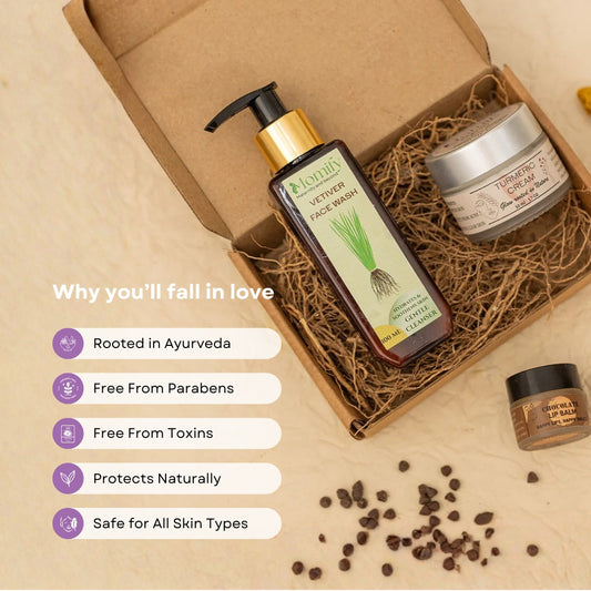 Momify EarthGlow Essentials – Vetiver Face Wash (100ml), Turmeric Moisturizing Cream (50ml) & Chocolate Lip Balm (10g)