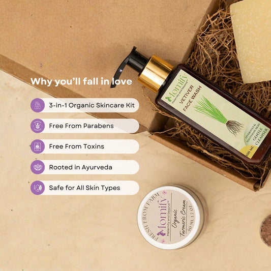 Momify Radiance Ritual – Vetiver Face Wash (100ml), Turmeric Oats Soap (100g) & Chocolate Lip Balm (10g)