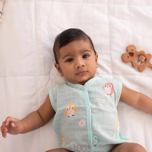 100% Muslin Printed Sleeveless Jabla for Newborn - Penguin