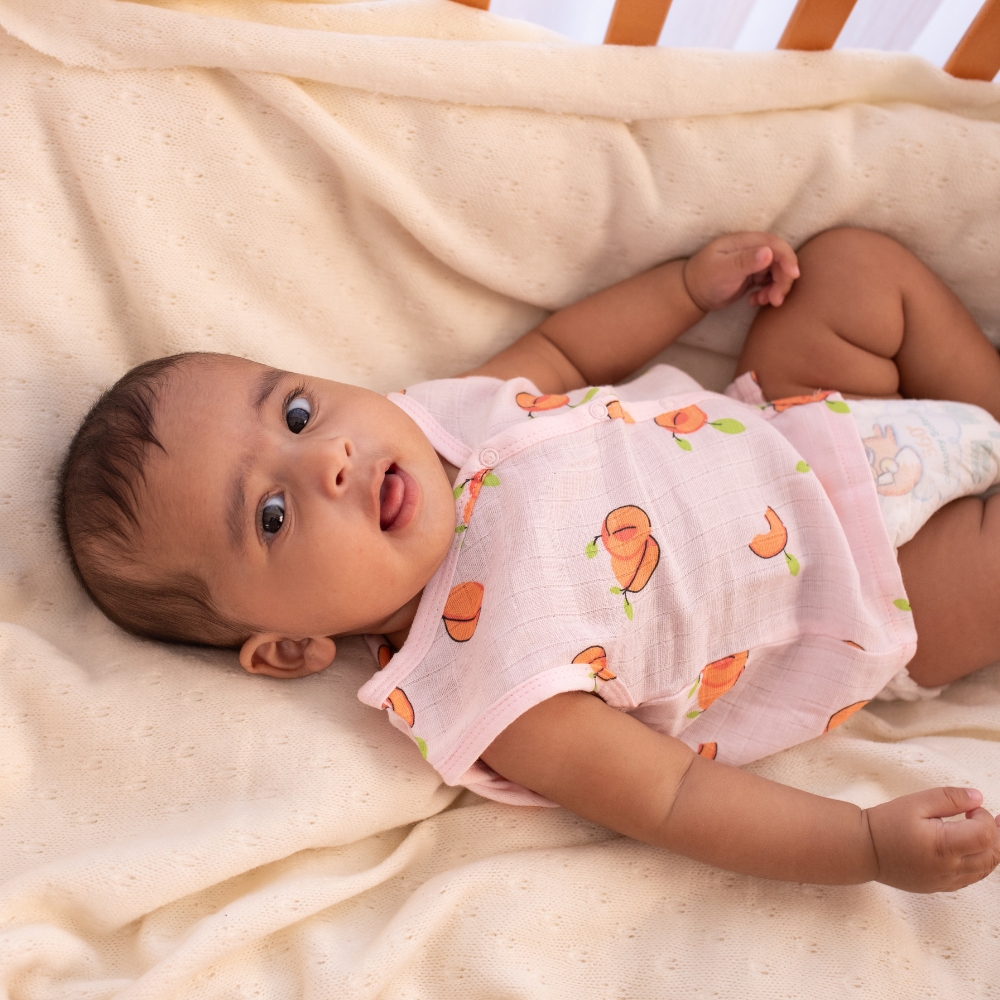 100% Muslin Sleeveless Jabla for Newborn - Peach All over print