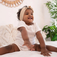 100% GOTS CERTIFIED ORGANIC COTTON Solid basic onesie for Infants - Off White brown Striped