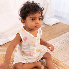 100% Muslin Sleeveless Jabla for Newborn - Planet Print