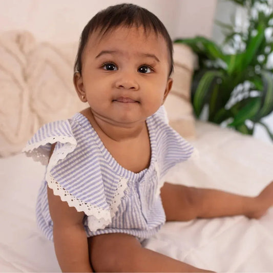 Organic Cotton Beach Onesie for Babies – Breathable, Snap Closure, Mesh Sleeve Detail | Momify Beach Onesie Seer Sucker
