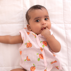 100% Muslin Sleeveless Jabla for Newborn - Peach All over print