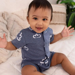 GOTS Certified Organic Cotton Short Leg Baby Romper – Ultra Soft, Breathable, Snap Closure | Newborn to Toddler | Momify Short leg Romper - Blue Cloud