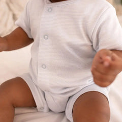 GOTS Certified Organic Cotton Short Leg Baby Romper – Ultra Soft, Breathable, Snap Closure | Newborn to Toddler | Momify Short Leg Romper - Blue striped