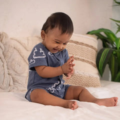 GOTS Certified Organic Cotton Short Leg Baby Romper – Ultra Soft, Breathable, Snap Closure | Newborn to Toddler | Momify Short leg Romper - Blue Cloud