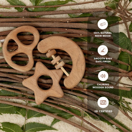 Celestial Bites Trio” – Neem Wood Baby Rattle & Teether Set (Half Moon Rattle + Pretzel Teether + Star Teether | Natural Wooden Baby Toys | Eco-Friendly Teething Combo)