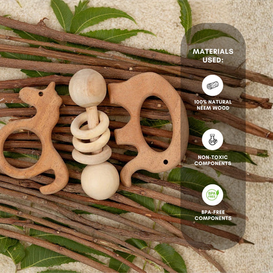 Momify “Enchanted Trio” – Neem Wood Baby Teether & Rattle Gift Set