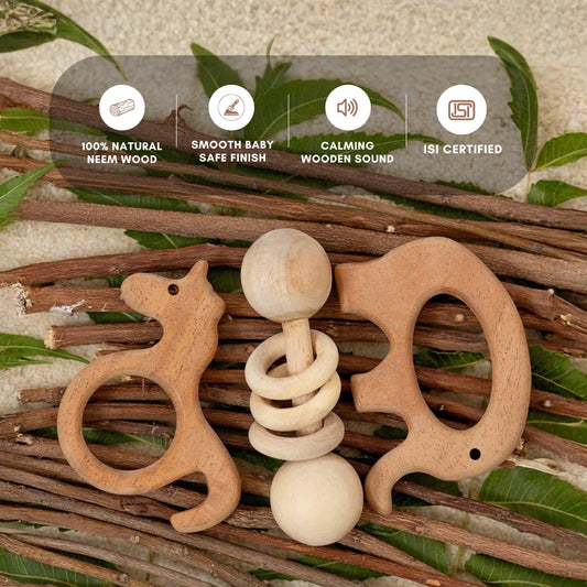 Momify “Enchanted Trio” – Neem Wood Baby Teether & Rattle Gift Set