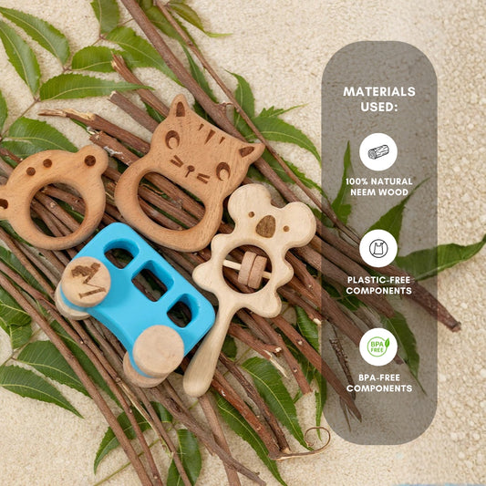 Momify “Journey of Joy Quad” – Neem Wood Baby Teether, Rattle & Push Toy Set