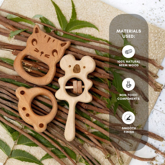 Momify “Wild Cuddles Trio” – Neem Wood Baby Teether & Rattle Set.