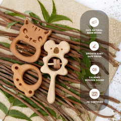 Momify “Wild Cuddles Trio” – Neem Wood Baby Teether & Rattle Set.