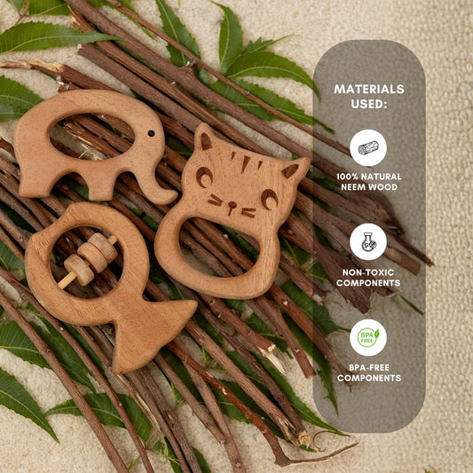 Ocean & Earth Trio” – Neem Wood Baby Rattle & Teether Set
