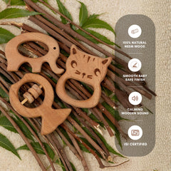 Ocean & Earth Trio” – Neem Wood Baby Rattle & Teether Set