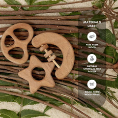 Celestial Bites Trio” – Neem Wood Baby Rattle & Teether Set (Half Moon Rattle + Pretzel Teether + Star Teether | Natural Wooden Baby Toys | Eco-Friendly Teething Combo)