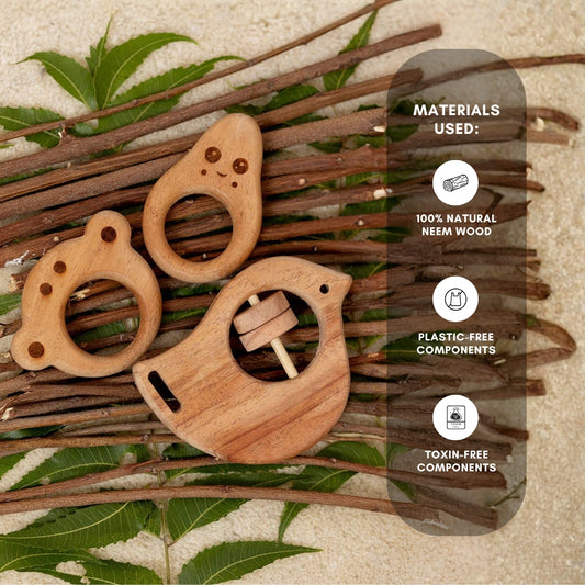 Tiny Treasures Trio Neem Wood Baby Teether & Rattle Combo