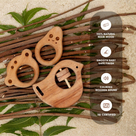Tiny Treasures Trio Neem Wood Baby Teether & Rattle Combo