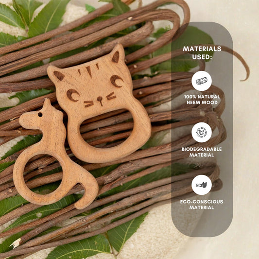 Whiskers & Wonders Duo – Neem Wood Baby Teether Combo